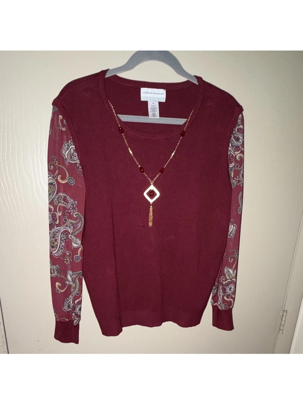Alfred Dunner Wine Red Sweater with Paisley Chiffon Sleeves